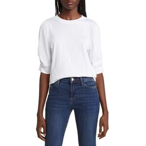 Frankie Puff Sleeve Organic White Cotton Knit Crewneck Elbow Sleeve Top Size S